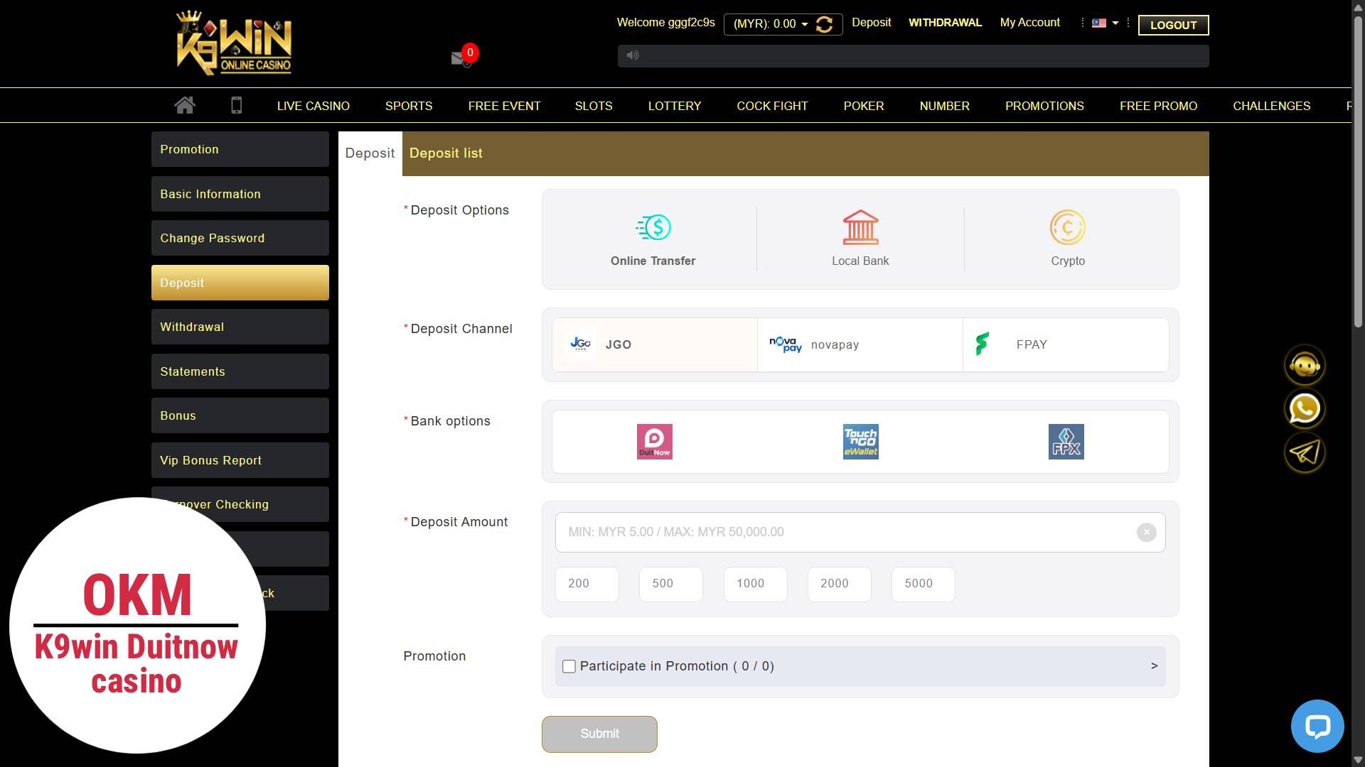 K9win Duitnow casino eWallet