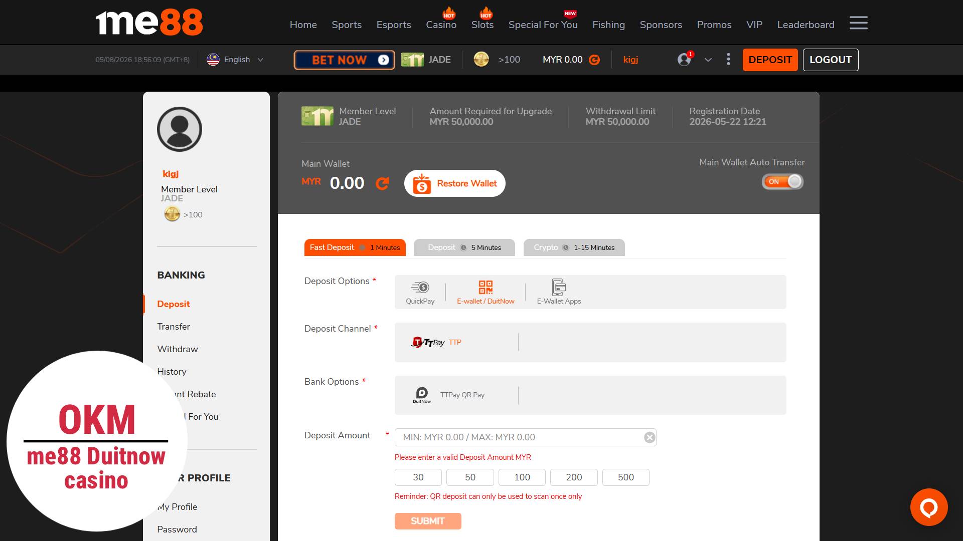 Me88 Duitnow casino eWallet