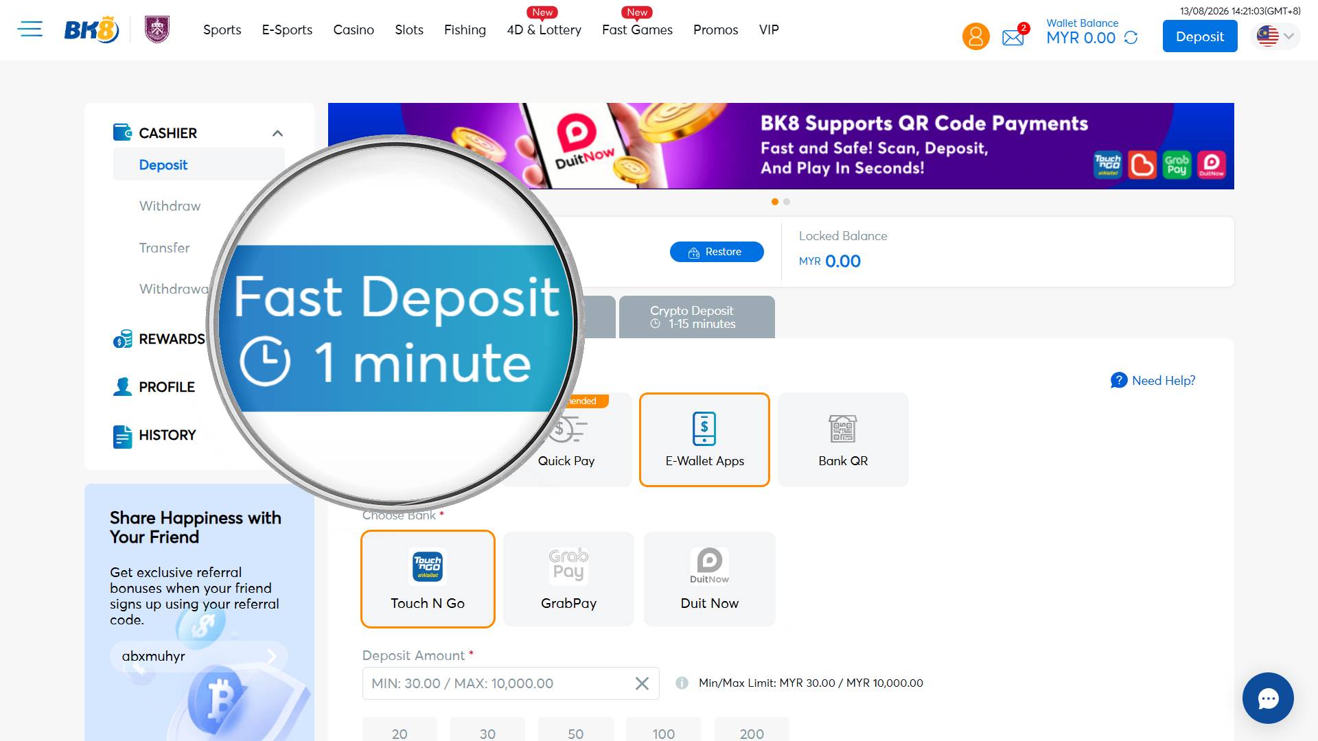 Instant transaction at Malaysia online casino e wallet