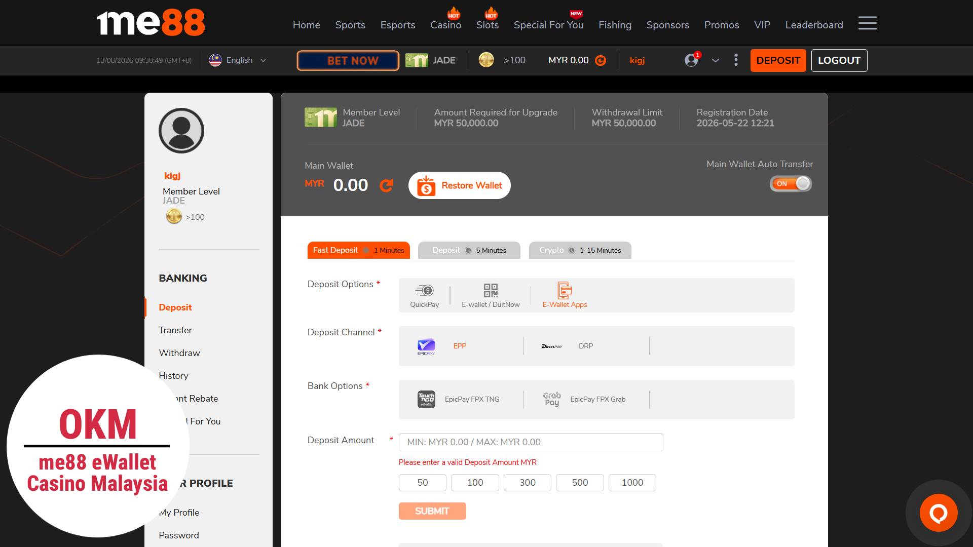 Me88 e wallet casino