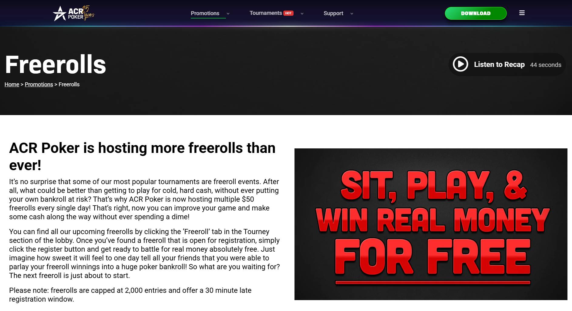 Freerolls bonus in online casino site