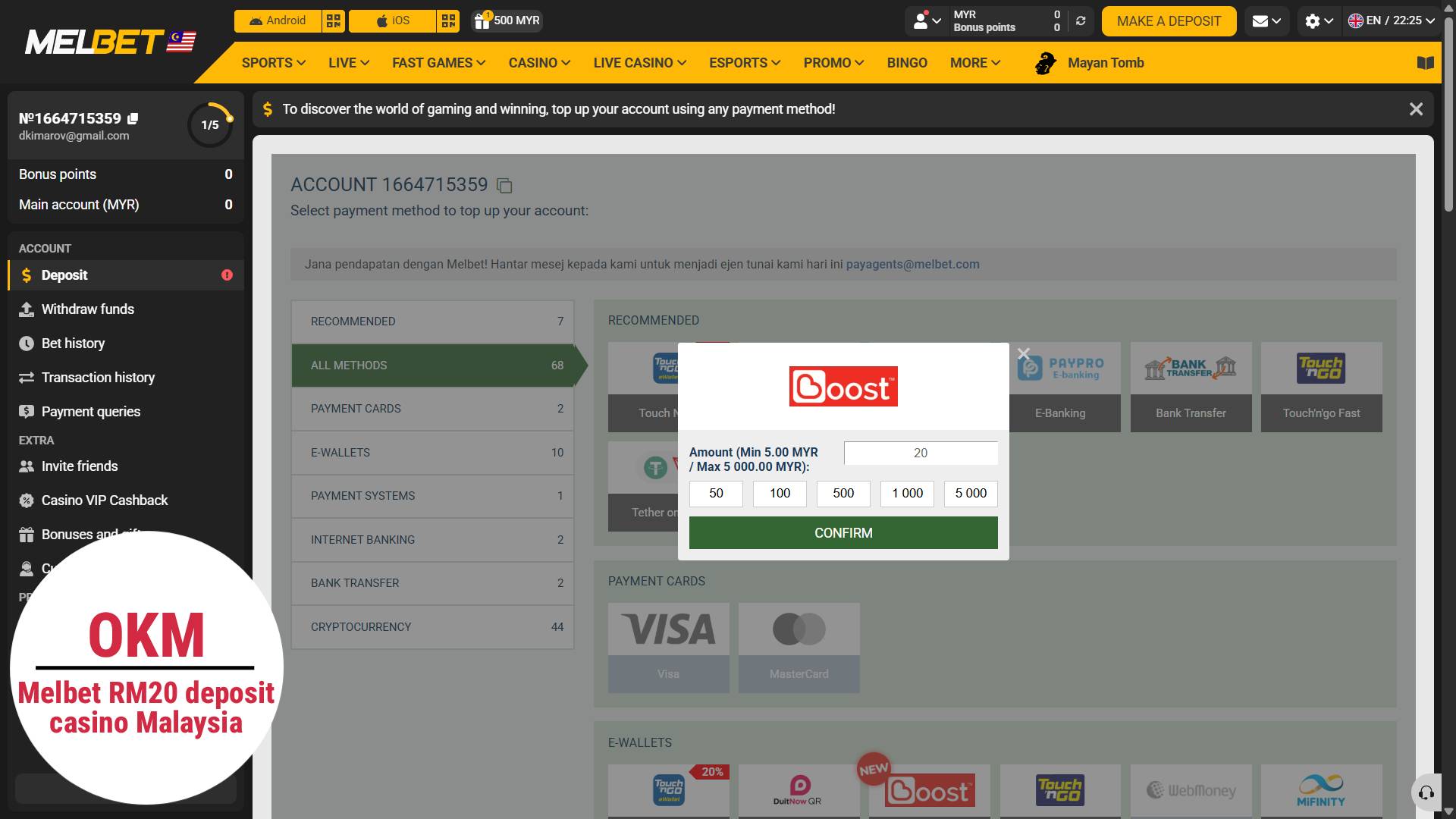 Melbet online casino rm20 deposit