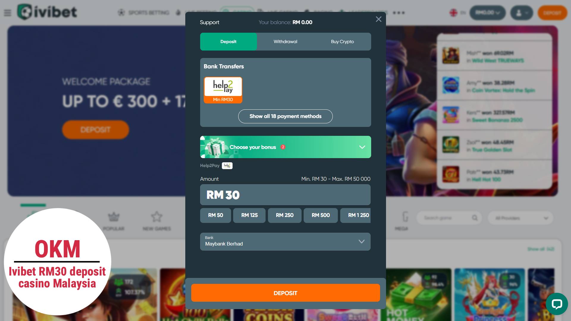 Ivibet online casino Malaysia minimum deposit RM30