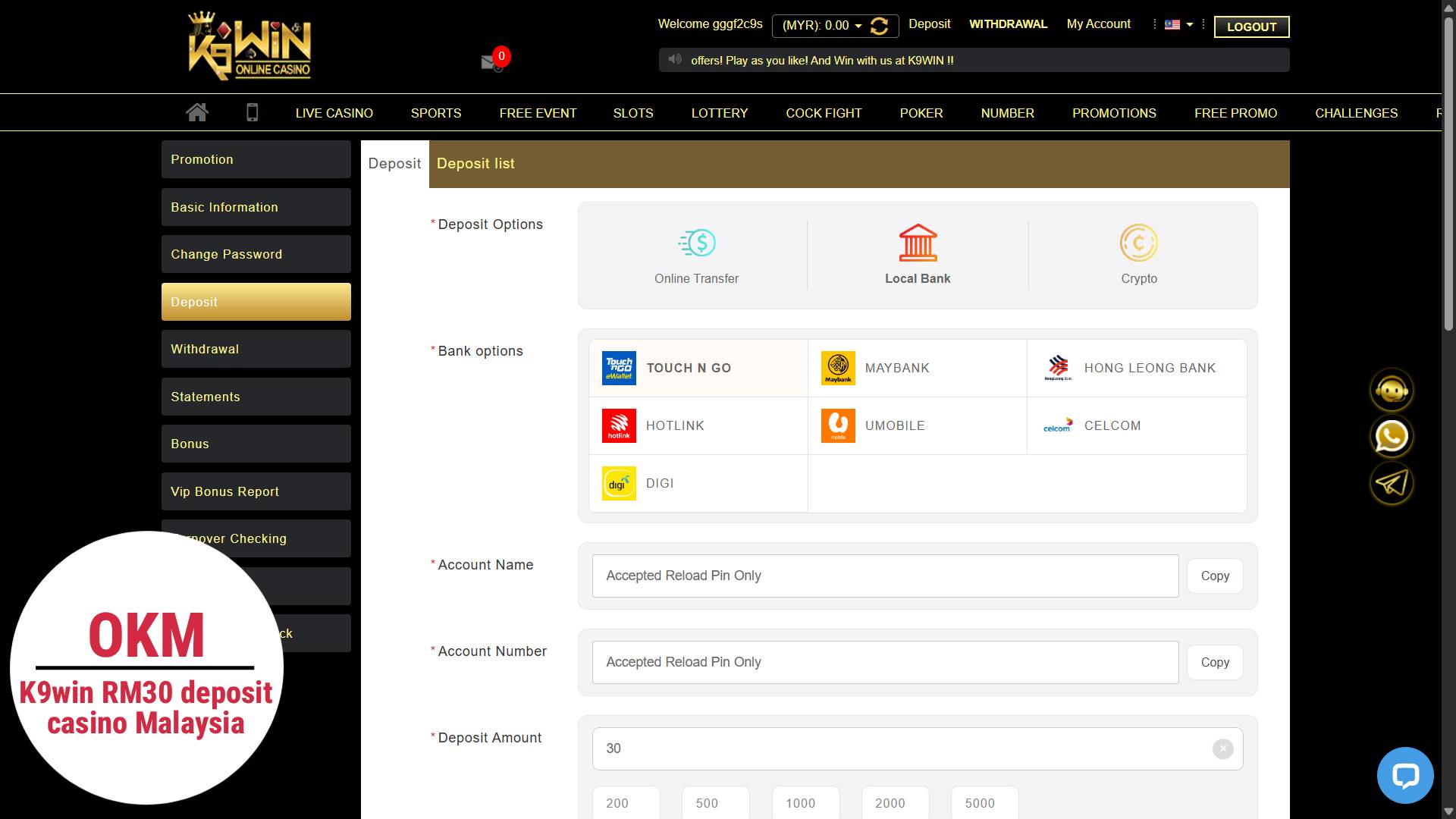 k9win deposit RM30 casino