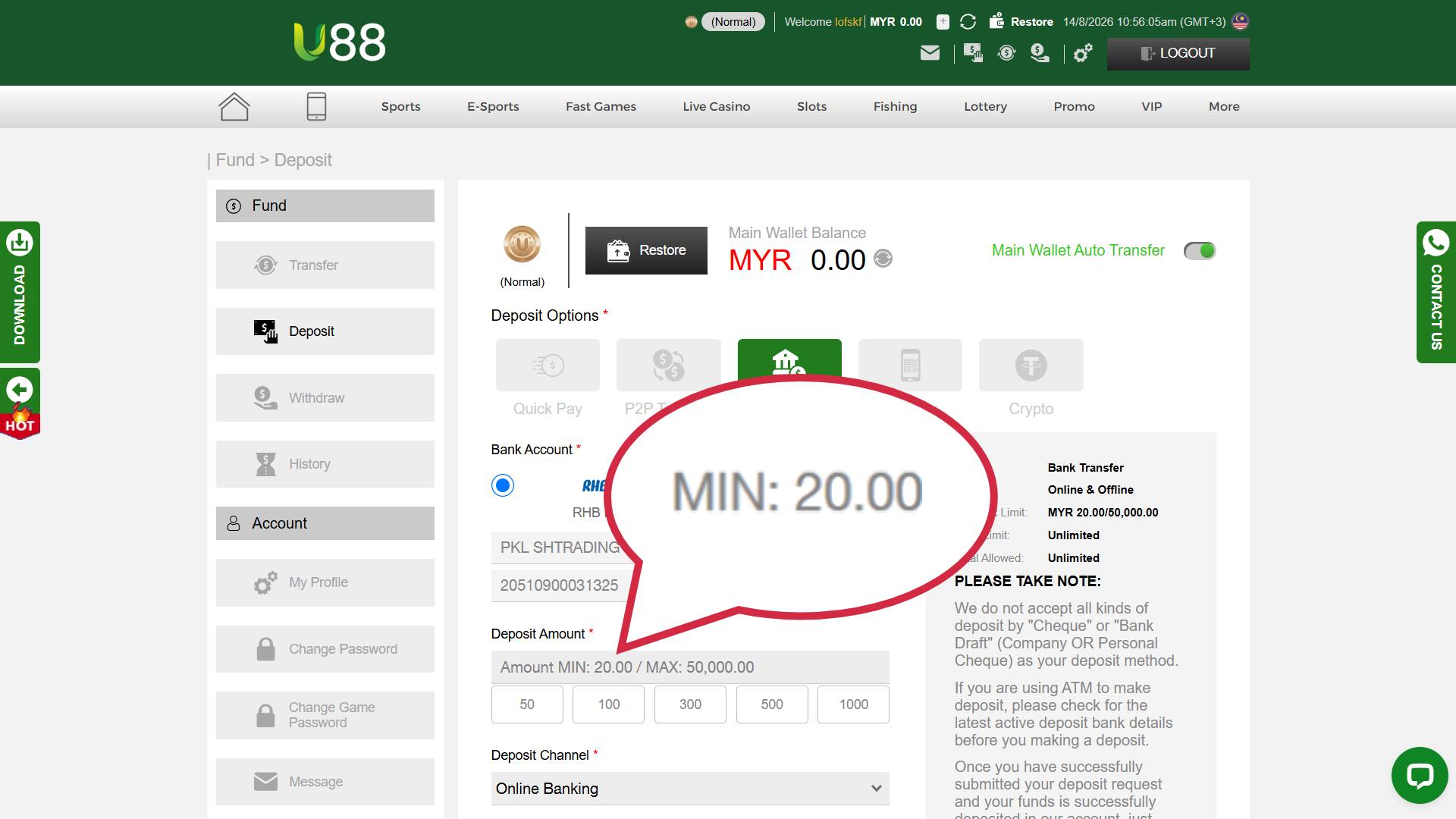 Minimum deposit rm20