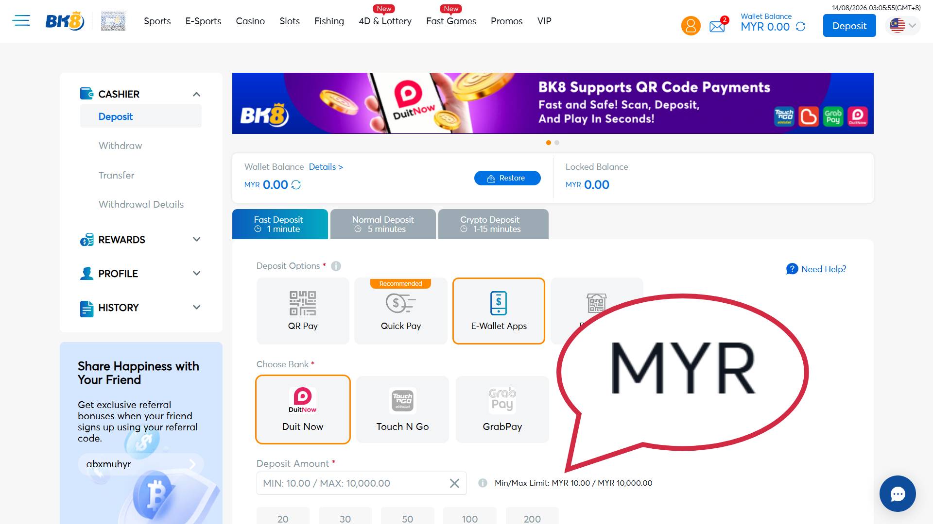 MYR support for minimum deposit myr30