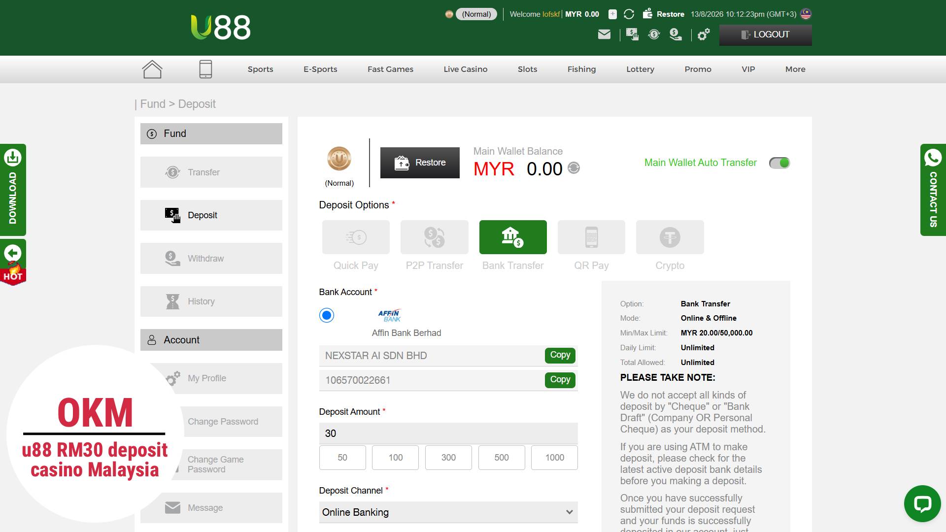 u88 kasino minimum deposit RM30