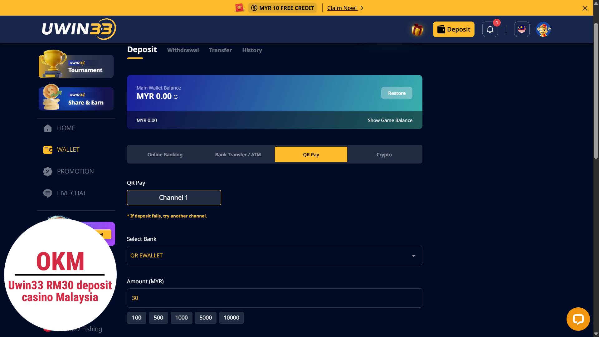 Uwin33 online casino RM30 deposit