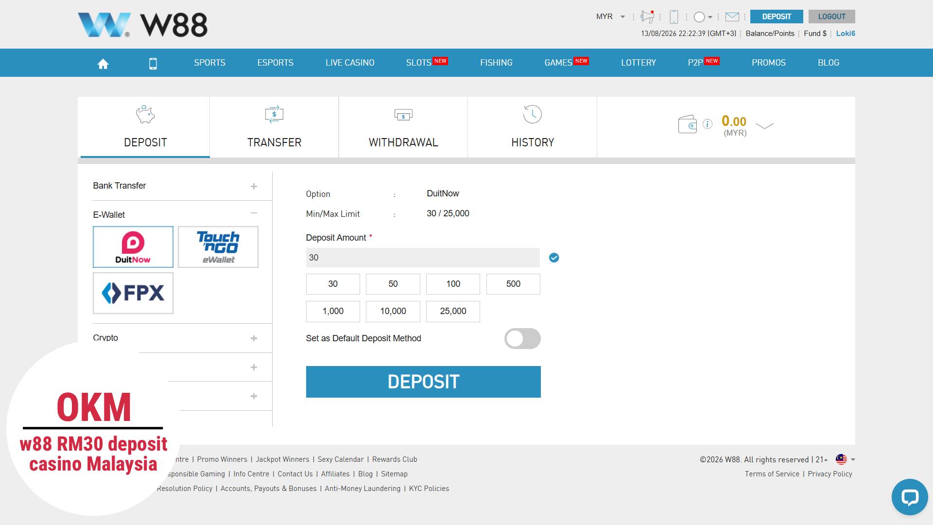 W88 RM30 minimum deposit casino