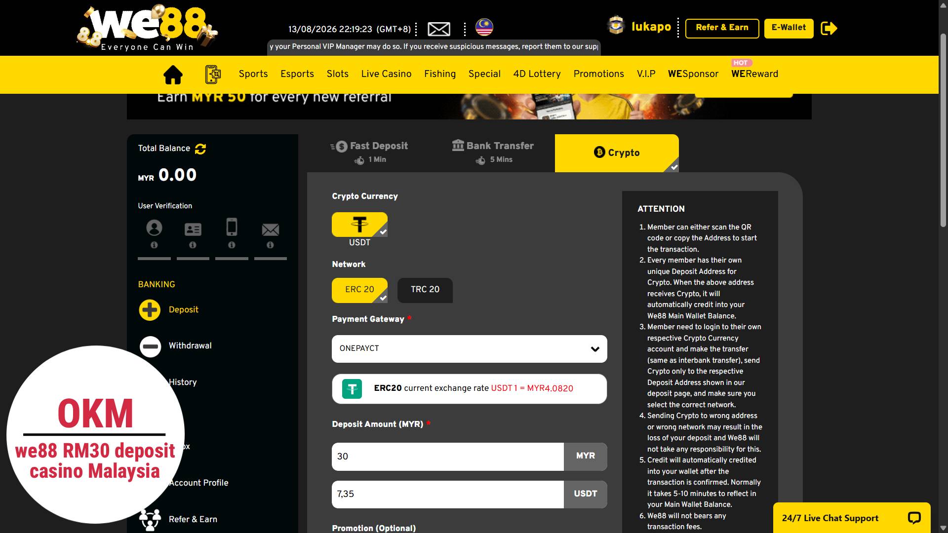 We88 betting site minimum deposit rm30