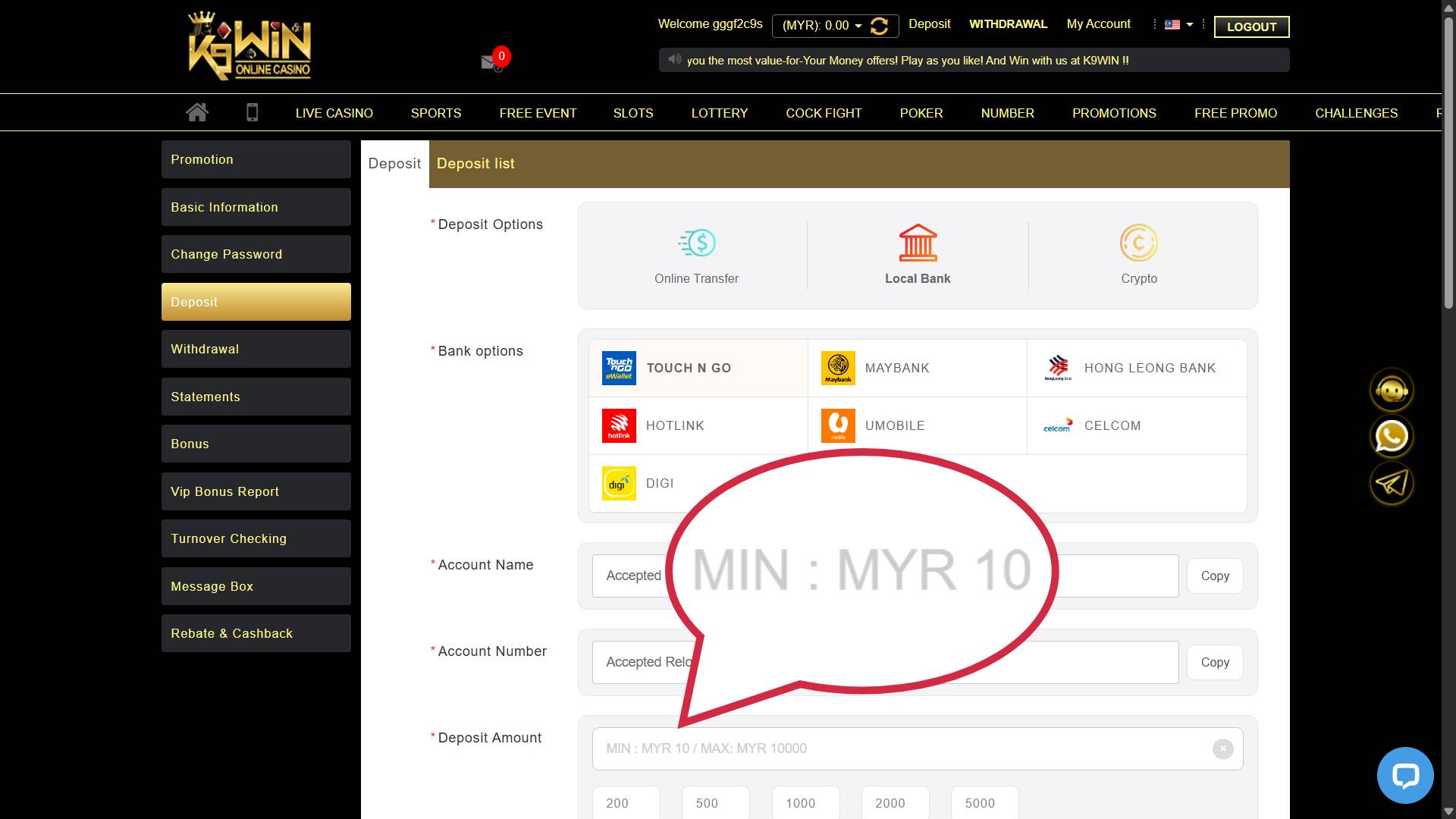 Minimum deposit at tng eWallet casino