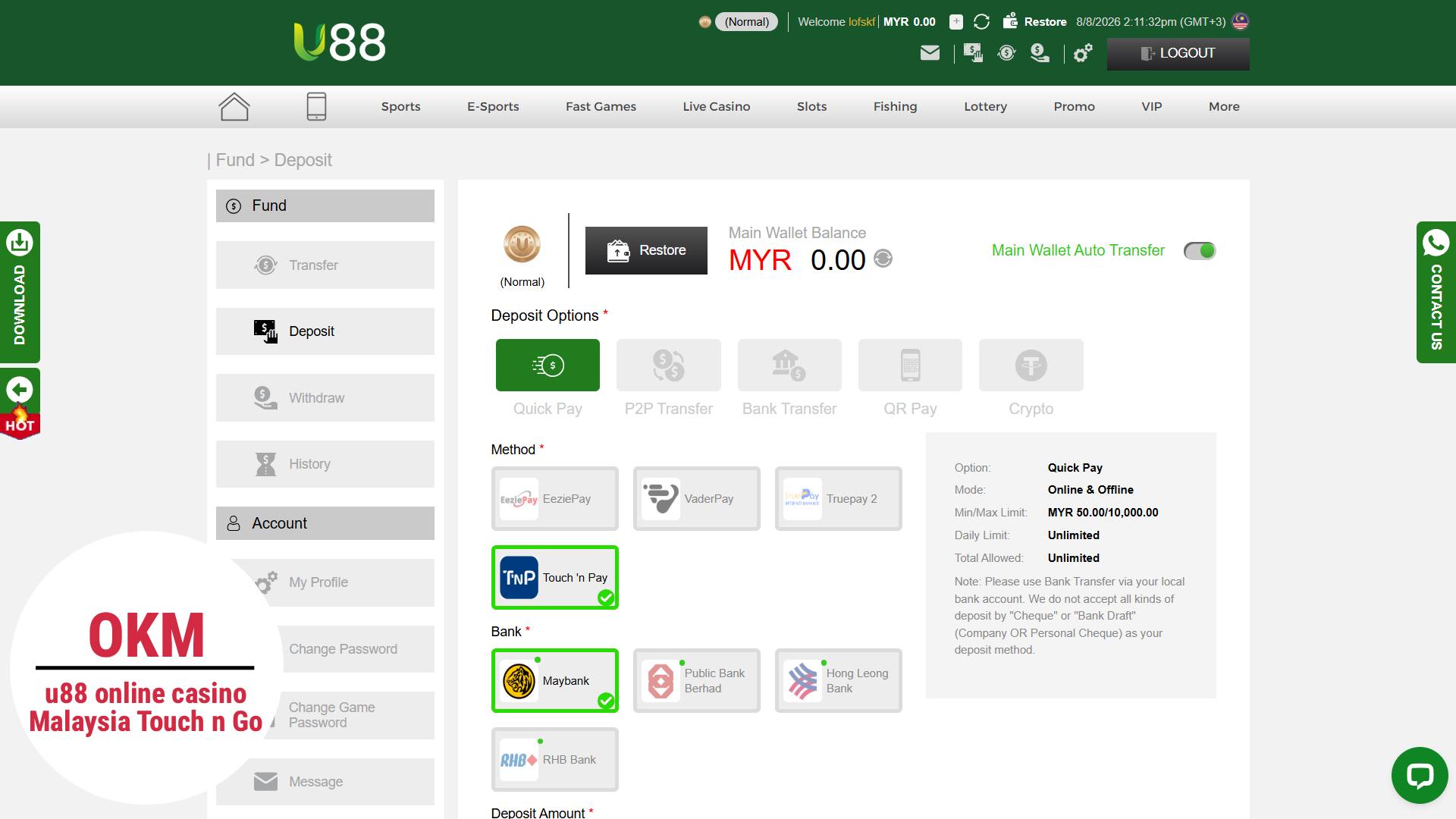 U88 TNG eWallet online casino